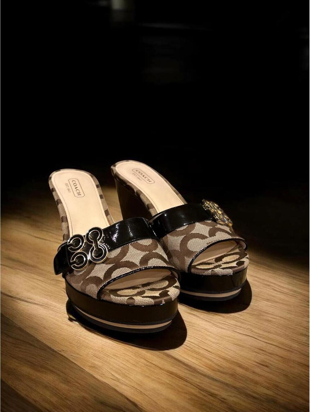 Coach Geri Canvas 4" Wedge Mule Sandals Size 7 - Picture 2 of 10